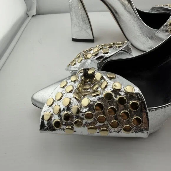 Ted Baker London Metallic Silver Studded Bow Heels - Picture 8 of 16